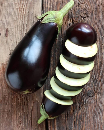 If you're looking for a good eggplant, make sure to pick one that is shiny and firm.