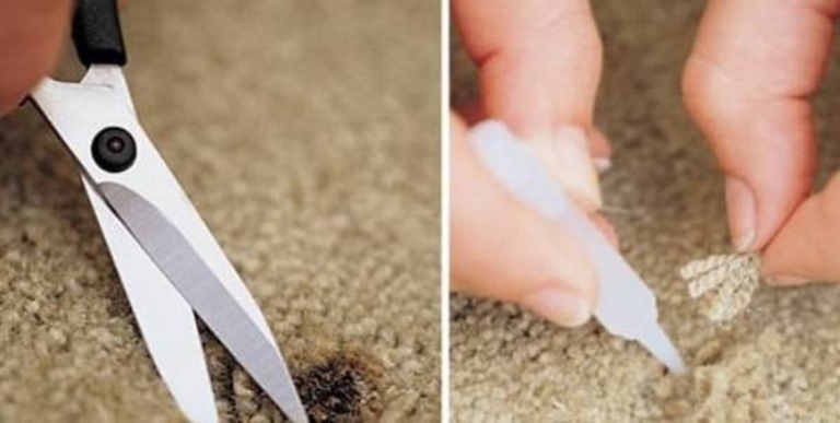 Trim the blackened edge of the burn hole with a pair of scissors to create a clean surface for patching.