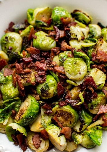 Warmed bacon Brussels sprouts are a delicious and easy side dish.