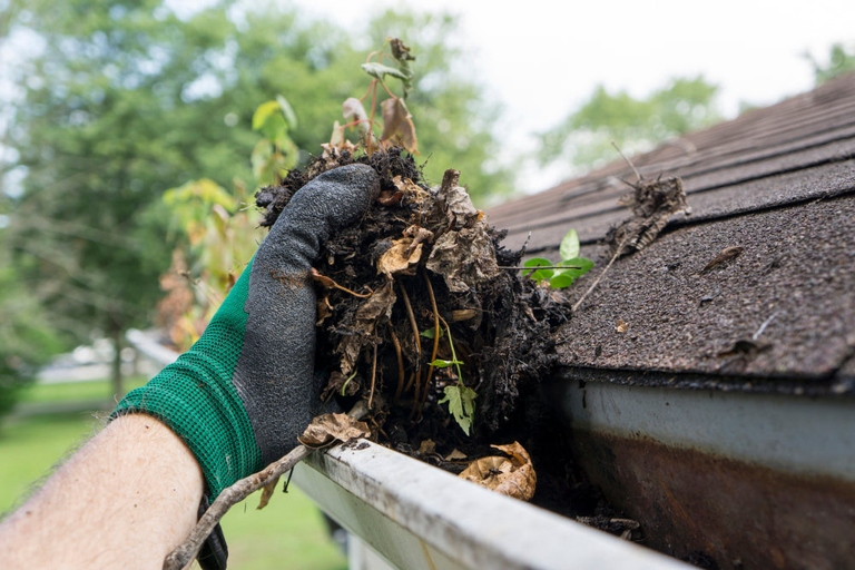 You should clean your gutters at least twice per year to prevent any build-up of leaves, dirt, and debris.